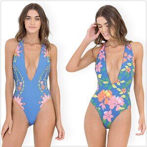 Maaji Maya Blue Floral Tiki Reversible One Piece Swimsuit